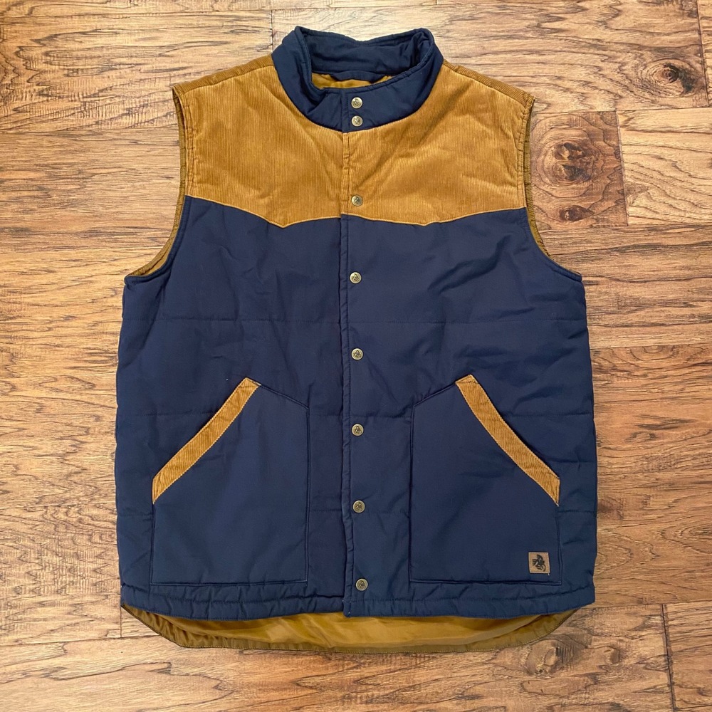 Legendary Stockyards Vest Mens XLT Navy Blue Tan Corduroy Quilted Western Snap